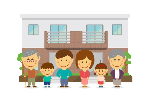 幸せな家族 アジア人 と新しい家 平文ベクトル図法 新築住宅 — ストックベクタ