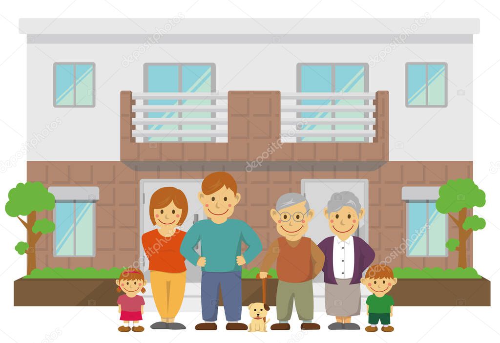 two families home / duplex home. 3 generation family illustration.