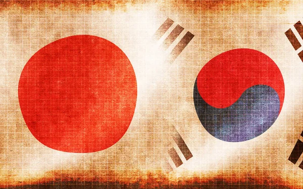 Schwingende Grunge Nationalflaggen Japan Und Südkorea Konflikt Feindseligkeit Web Banner — Stockfoto