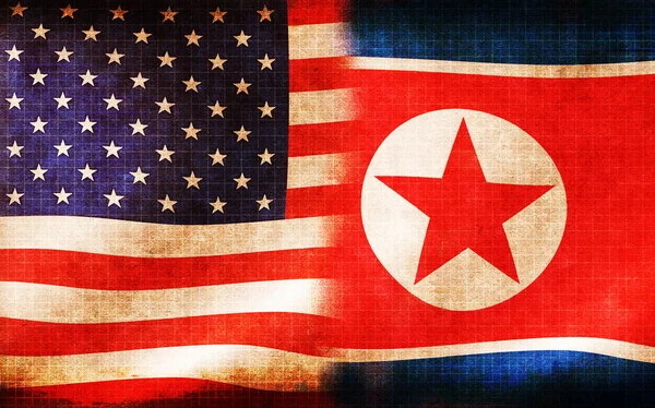 Acenando Bandeiras Nacionais Grunge Eua Coréia Norte Conflito Hostilidade Ilustração — Fotografia de Stock