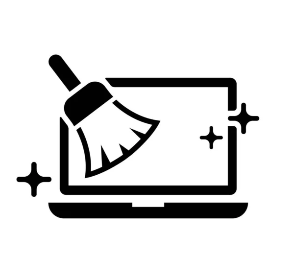 Laptop Computer Cleaning Broom Duster Vector Icon Illustration — Stock Vector