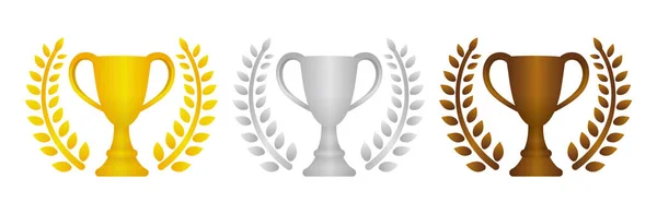 Trofeo Taza Icono Ilustración Conjunto Oro Plata Bronce Del 1Er — Vector de stock