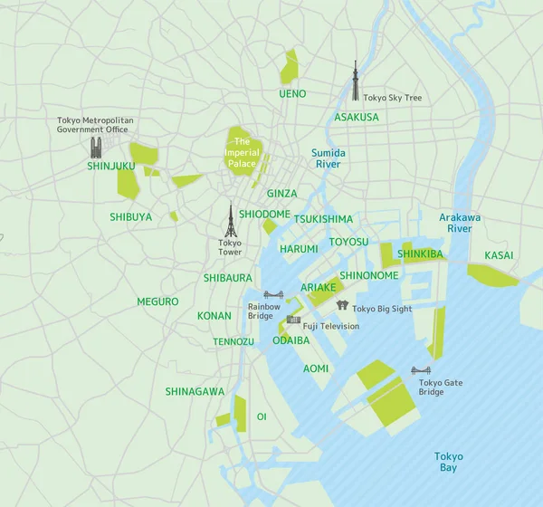 Mapa Estradas Tóquio Com Nomes Lugares Lugares Turísticos — Vetor de Stock