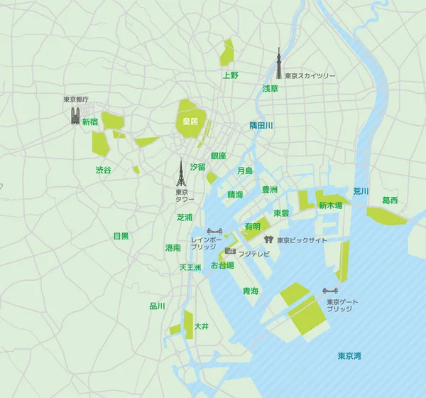 План Города Токийский Залив Названиями Мест Достопримечательностями — стоковый вектор