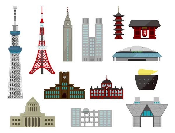 Tokyo Landmark Buildings Tower Temple Etc Flat Vector Illustration Set — Stock Vector