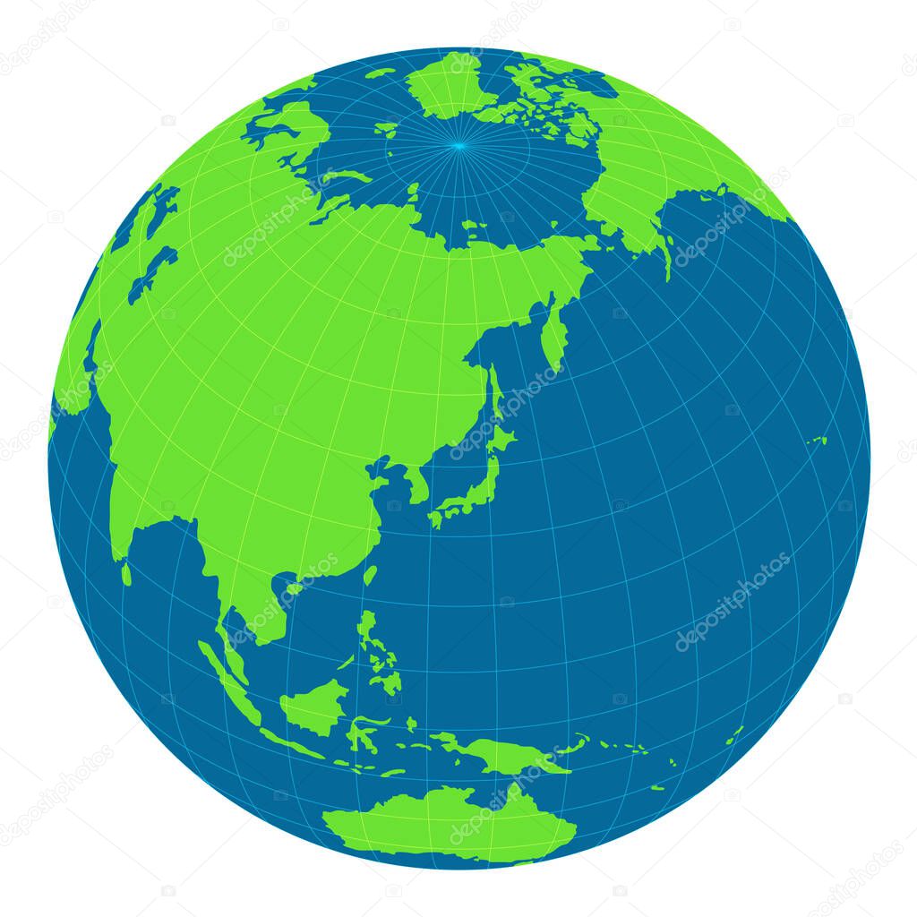 world map illustration (globe / sphere). focus on Japan and east asia.