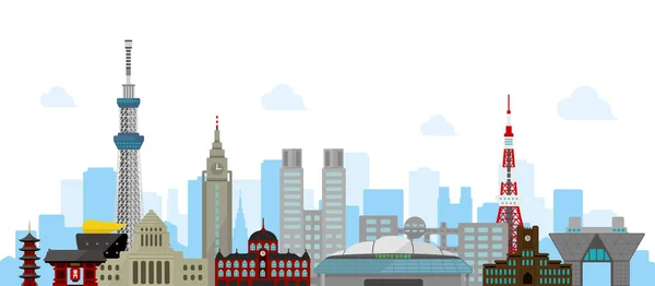 Tokio Panorama Płaski Wektor Ilustracji Tokio Zabytków Budynków — Wektor stockowy