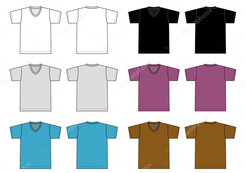 V neck t-shirt template illustration set