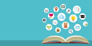 bilgi, teknoloji, iş ve eğitim vs. için düz afiş illüstrasyonu.