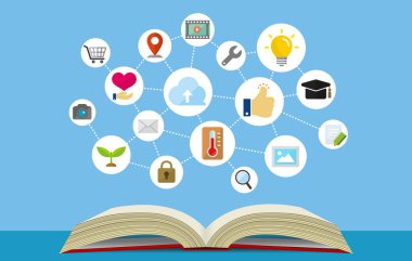 bilgi, teknoloji, iş ve eğitim vs. için düz afiş illüstrasyonu.