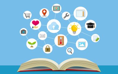 bilgi, teknoloji, iş ve eğitim vs. için düz afiş illüstrasyonu.