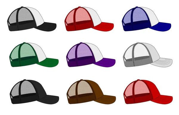 Trucker Cap Mesh Cap Template Illustration Set Vista Lateral — Vector de stock