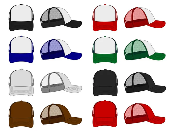 Trucker Cap Mesh Cap Plantilla Ilustración Conjunto — Vector de stock