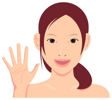 Genç Asyalı kadın vektör çizimine (banyodan yeni çıktı) / Gülümseyerek elini aç