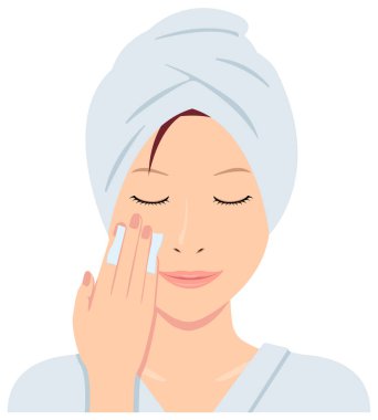 Genç Asyalı kadın vektör çizimi (banyodan yeni çıktı) / pamuk, makyaj temizleme