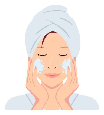 Genç Asyalı kadın vektör çizimi (banyodan yeni çıktı) / Temizleme, makyaj temizleme