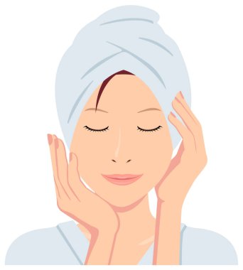 Genç Asyalı kadın vektör çizimine (banyodan yeni çıktı) / Güzellik pozu