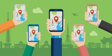 Mobil GPS navigasyon servisi düz çizim. Harita uygulamalı el bilgisayarı (Tokyo şehri gezisi) )