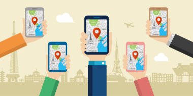 Mobil GPS navigasyon servisi düz çizim. Harita uygulamalı el bilgisayarı (Tokyo şehri gezisi) )