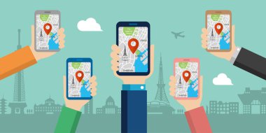 Mobil GPS navigasyon servisi düz çizim. Harita uygulamalı el bilgisayarı (Tokyo şehri gezisi) )