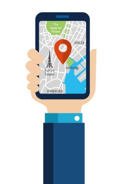 Harita uygulaması (Tokyo şehri) olan el bilgisayarı düz resimleme