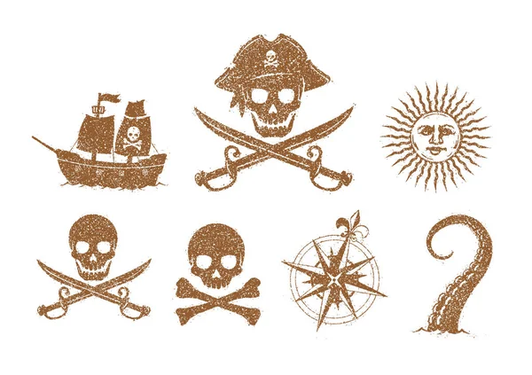 Pirate Plat Illustration Set Grunge Texture Crâne Ancre Volcan Navire — Image vectorielle