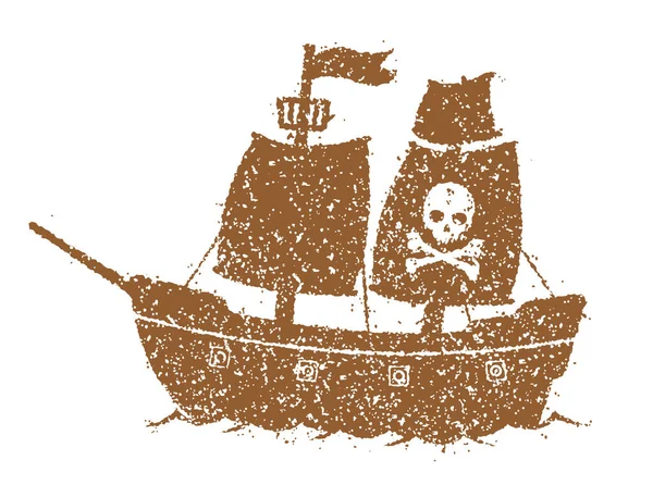 Dibujos Animados Barco Pirata Ilustración Plana Textura Grunge — Vector de stock