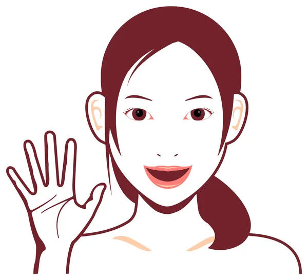 Jovem Mulher Asiática Rosto Vetor Ilustração Mão Aberta Com Sorrindo — Vetor de Stock