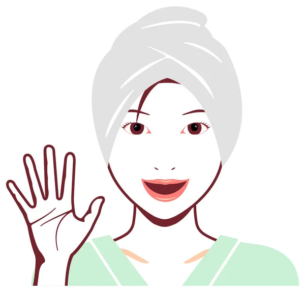 Jovem Asiática Mulher Rosto Vetor Ilustração Apenas Fora Banho Mão — Vetor de Stock