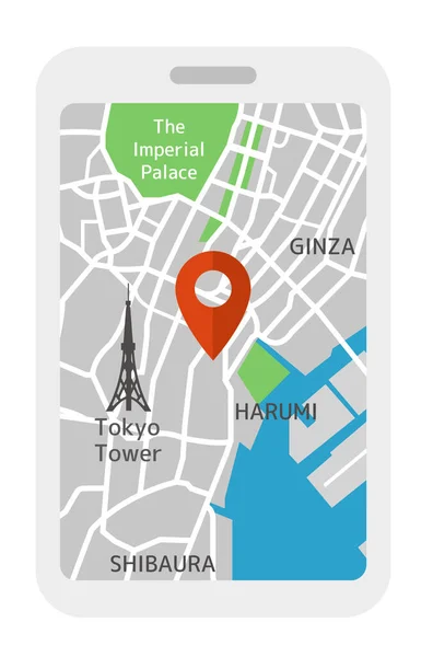 Teléfono Móvil Con Aplicación Mapa Ciudad Tokio Ilustración Plana — Vector de stock