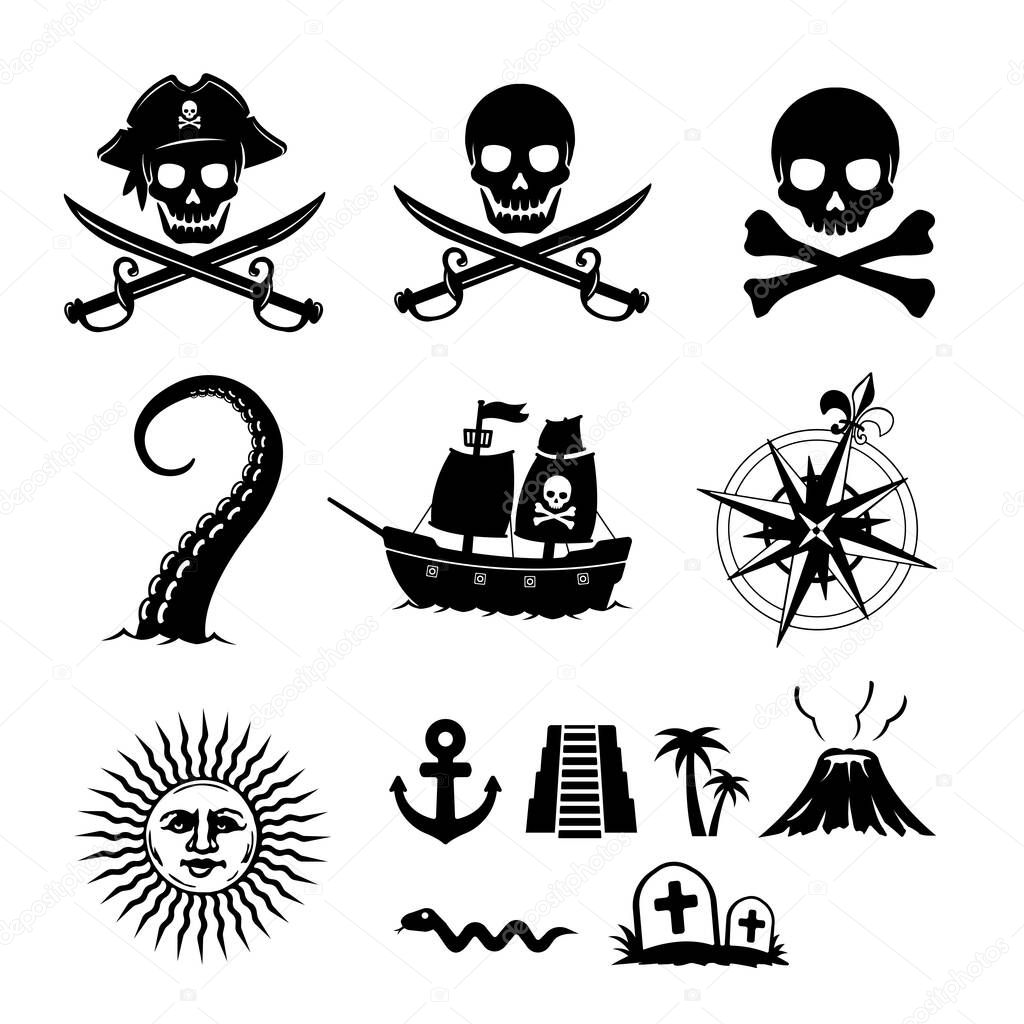 Pirate flat illustration set (skull,anchor,volcano,ship,compass,sun,kraken etc.)