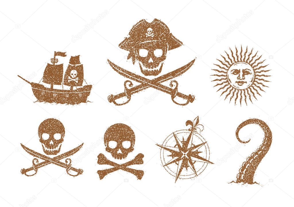 Pirate flat illustration set / grunge texture (skull,anchor,volcano,ship,compass,sun,kraken etc.)