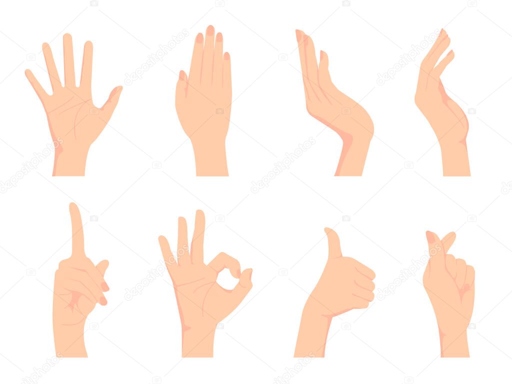 Female hand gesture (hand sign) vector illustration set / ok sign, thumb up , finger heart etc.