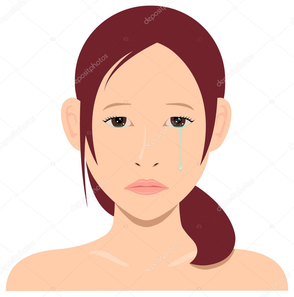 Young asian woman face vector illustration / sad face, crying