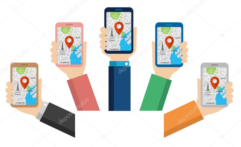 Hand-holding mobile phone with map application ( Tokyo city ) flat illustration
