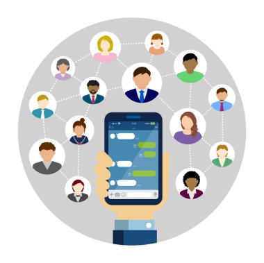 Sohbet uygulaması (SNS / message uygulaması) daire vektör gösterimi / Akıllı telefon tutan el uygulaması.