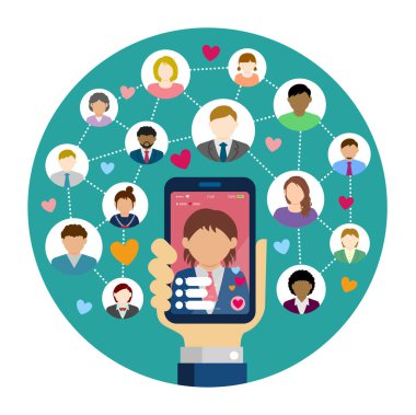 SNS / Live chat uygulaması / TV 'de yayınlanan daire vektör illüstrasyonu. El ele tutuşan akıllı telefon..