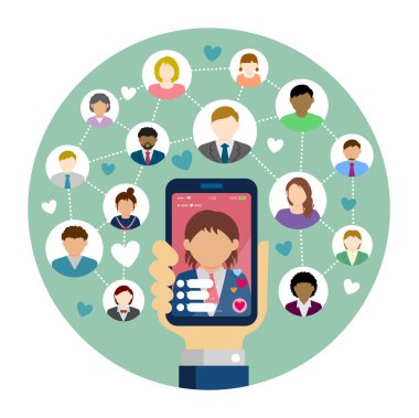 SNS / Live chat uygulaması / TV 'de yayınlanan daire vektör illüstrasyonu. El ele tutuşan akıllı telefon..