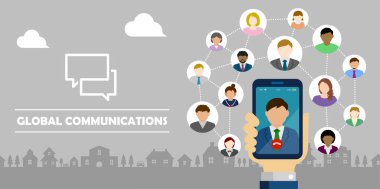 Sohbet uygulaması (SNS / message uygulaması) vektör sancak illüstrasyonu / Akıllı telefon tutan el.