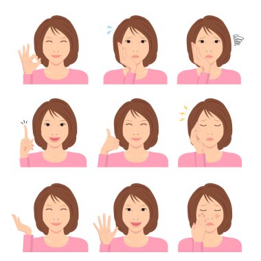 Genç kadın vektör illüstrasyonu set / el hareketi ve duygusal yüz değişimi.