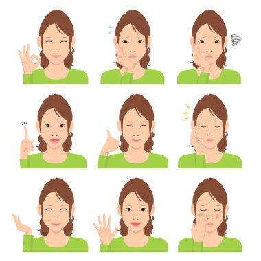 Genç kadın vektör illüstrasyonu set / el hareketi ve duygusal yüz değişimi.