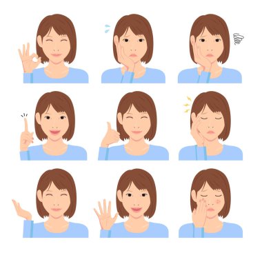 Genç kadın vektör illüstrasyonu set / el hareketi ve duygusal yüz değişimi.