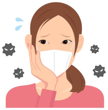 Maske takan genç bir kadın vektör çizimi (üst vücut) / Virüsten korkuyor