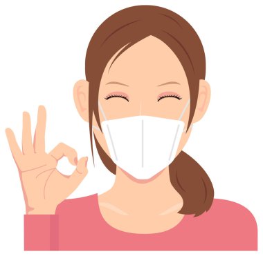 Maske takan genç kadın vektör çizimi (üst vücut) / Tamam işareti ve gülümseme