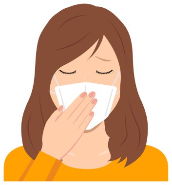 Maske takan genç bir kadın vektör çizimi (üst vücut) / Virüsten korkuyor