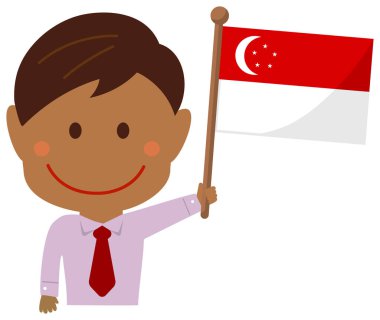 Ulusal bayraklı / Singapurlu çeşitli ırkların çizgi film iş adamı. Düz vektör illüstrasyonu.