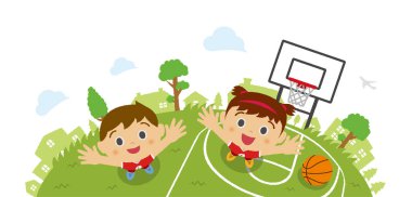 Çocuklar (çocuk / kız) gökyüzüne bakıyorlar (basketbol forması giyiyorlar). Vektör karikatür çizimi. Basketbol sahası geçmişi 