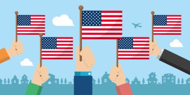 Ulusal bayrağı elinde tutan insanlar, vektör bayrağı illüstrasyon / ABD, Amerika