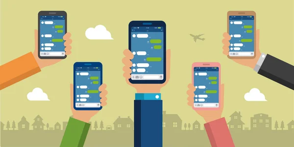 Handhållen Smartphone Vektor Banner Illustration Chatt App Sns Meddelande App — Stock vektor