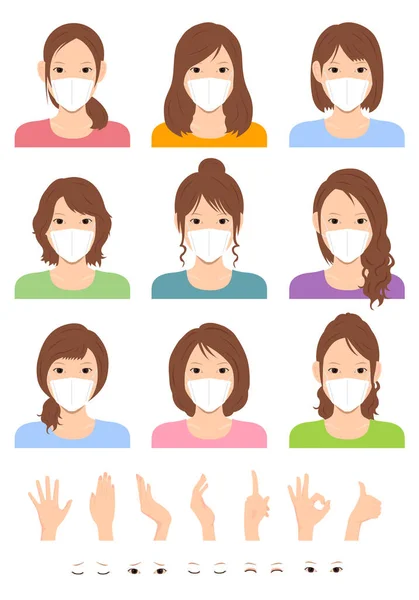 亚洲年轻女子 上半身 戴着口罩病媒图片集 手势和面部表情变化图片集 考罗纳威斯 流感花粉热 — 图库矢量图片